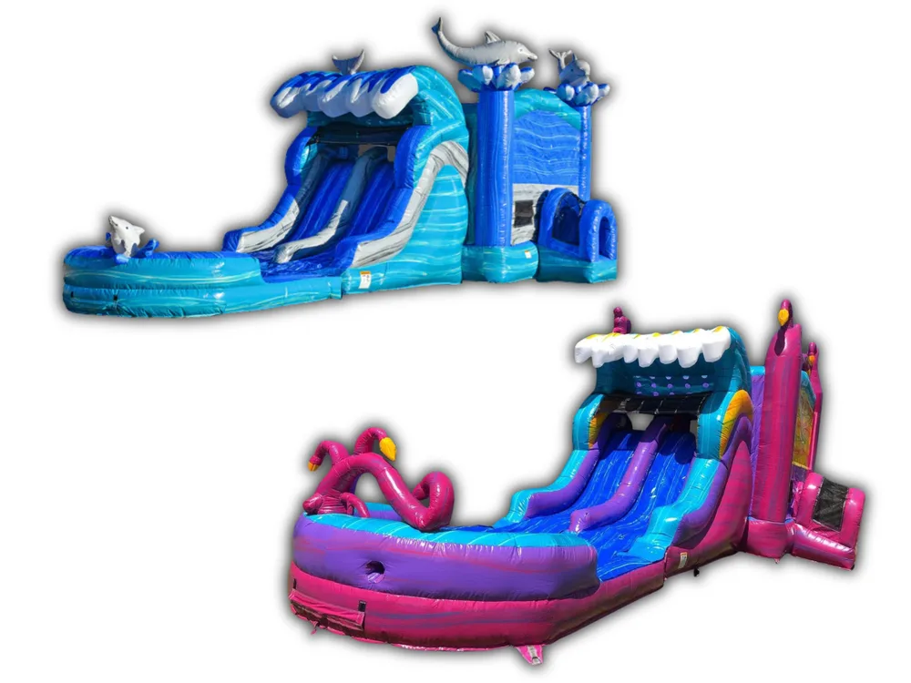 Blue dolphin themed bounce house and water slide combo rental in Lakeland, FL